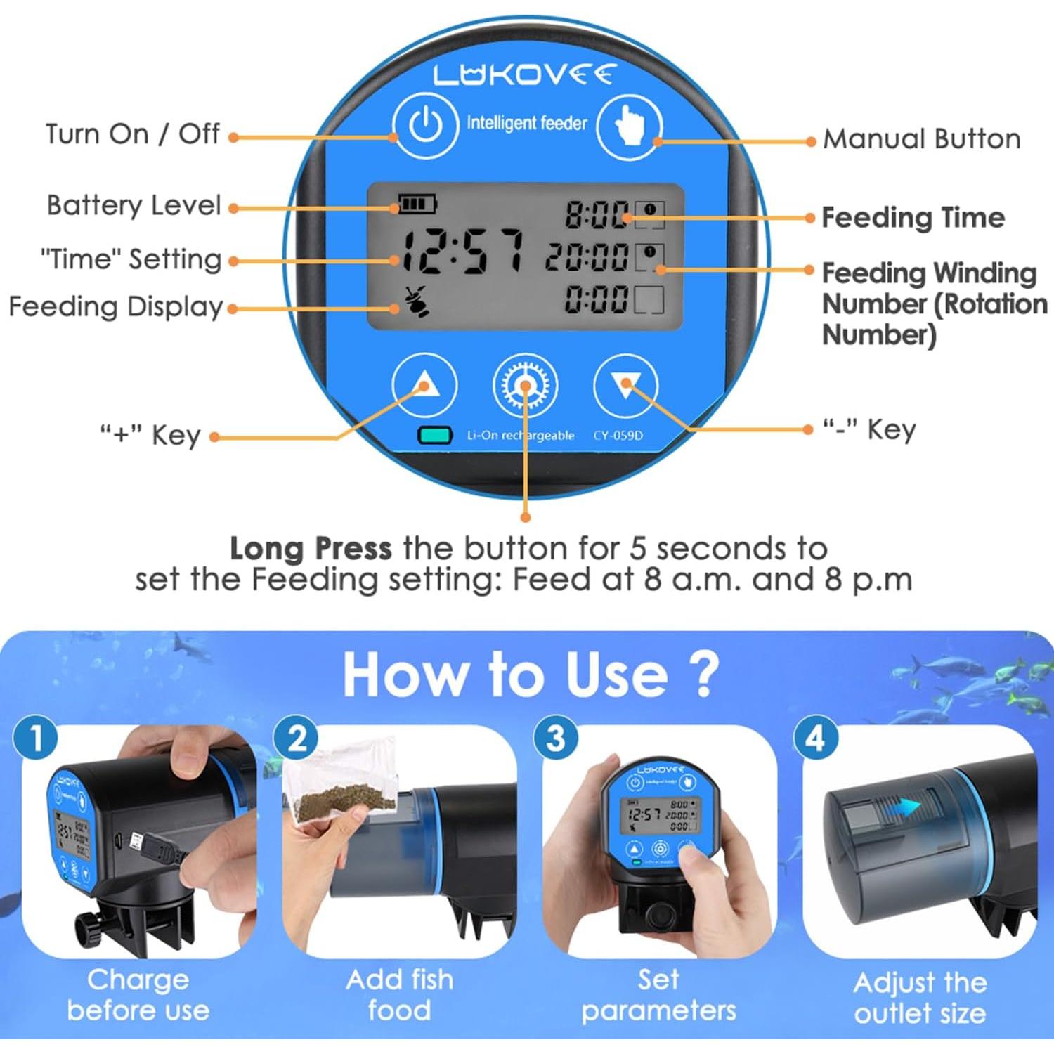 Alimentador Automático de Peces Lukovee 200ml USB Pantalla Hora