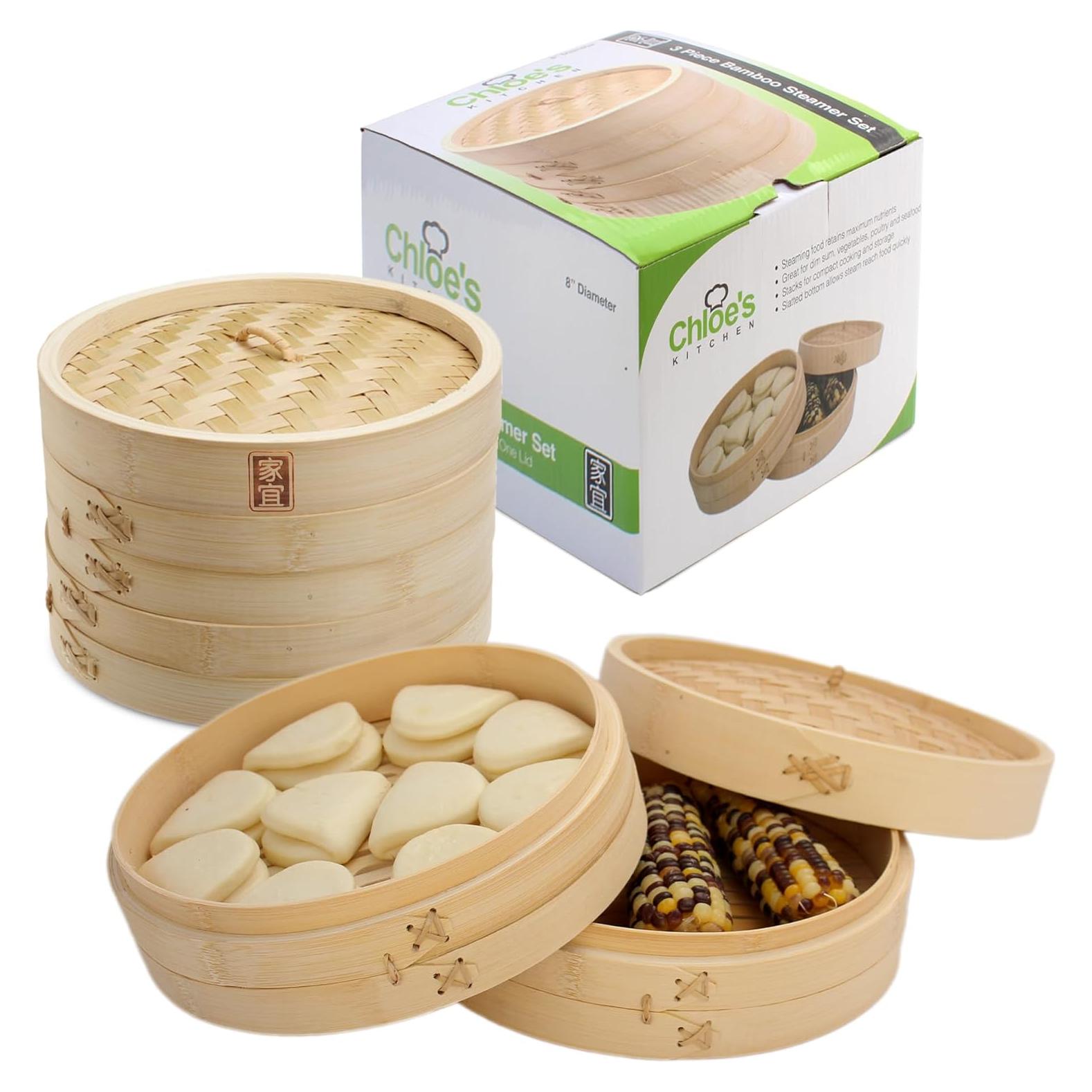 Zoie + Chloe Bamboo Steamer Basket - 2-Tier Dumpling Steamer for Cooking with 2 Reusable Cotton Liners for Bao, Dim Sum, Veggies, Asian Steamed Buns -Stackable, Space-Efficient - 8-Inch Steam Basket
