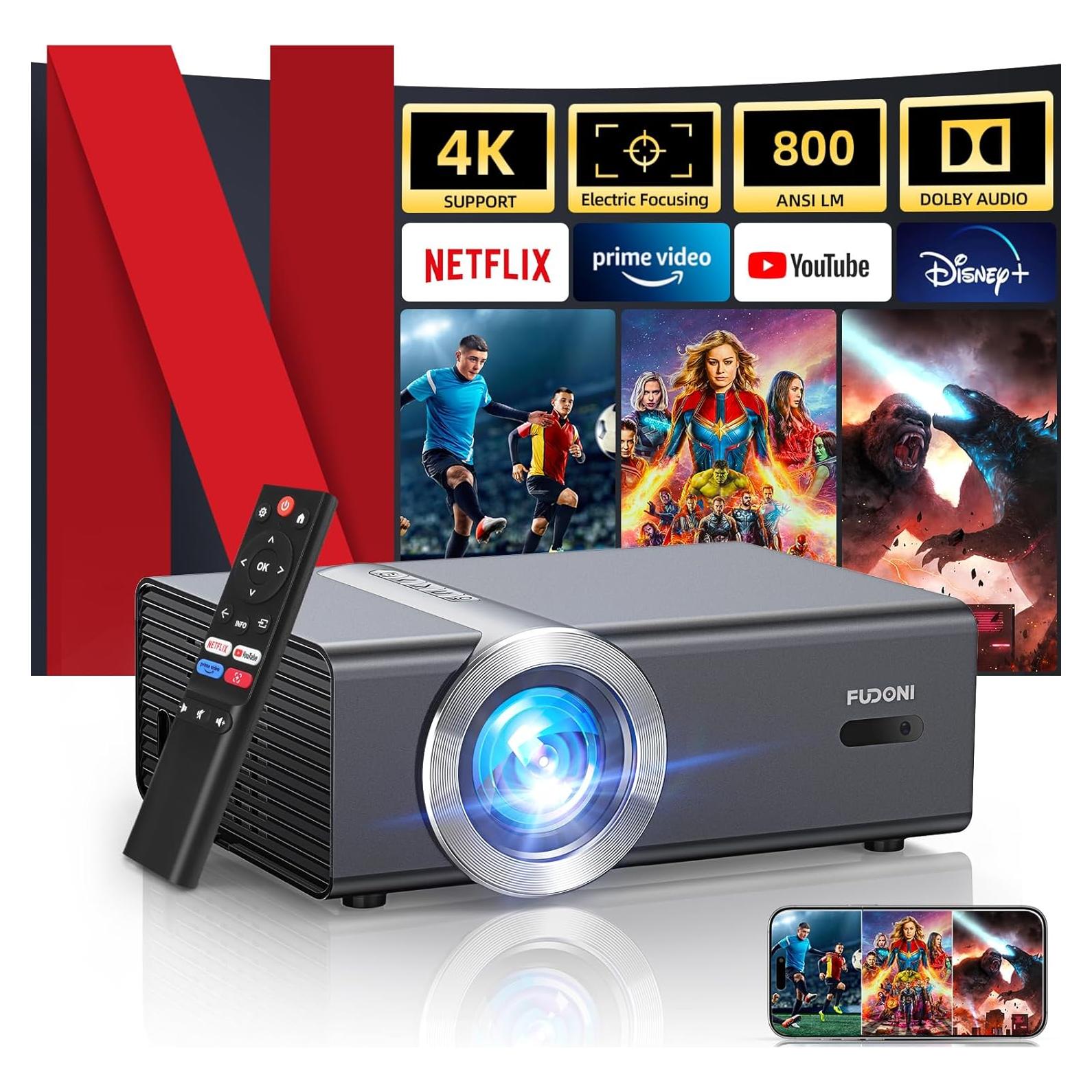 [Netflix Licensed & Dolby Audio] FUDONI 4k Smart Projector with WiFi and Bluetooth, Electric Focus & Auto Keystone, Native 1080P 800 ANSI Max 300'', 50% Zoom, Built-in Netflix/YouTube/PrimeVideo/Apps