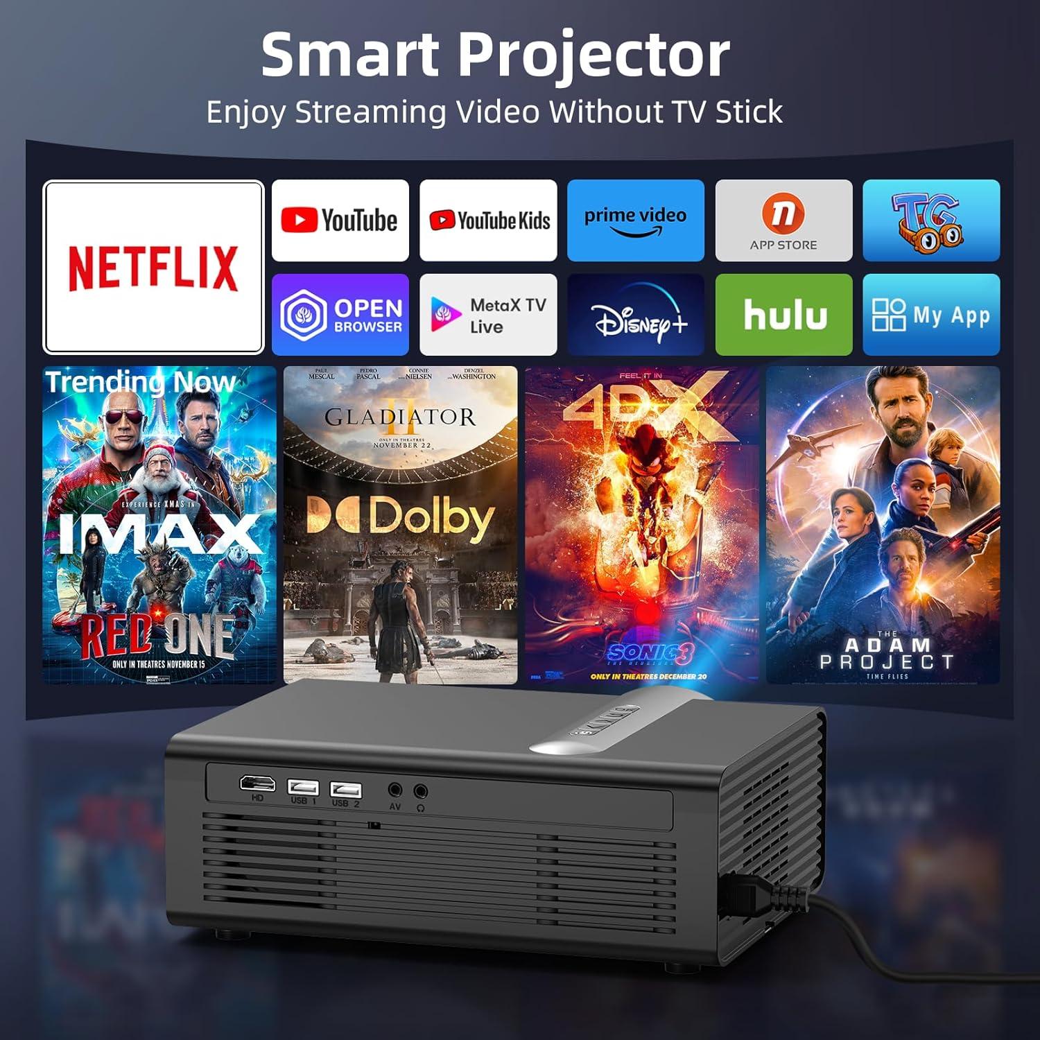 [Netflix Licensed & Dolby Audio] FUDONI 4k Smart Projector with WiFi and Bluetooth, Electric Focus & Auto Keystone, Native 1080P 800 ANSI Max 300'', 50% Zoom, Built-in Netflix/YouTube/PrimeVideo/Apps