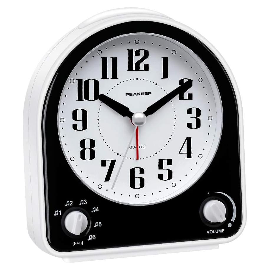 Peakeep Analog Alarm Clock Non-Ticking Silent, Optional 7 Wake-up Sounds with Volume Control, Nightlight and Snooze, AA Battery Operated (Black)