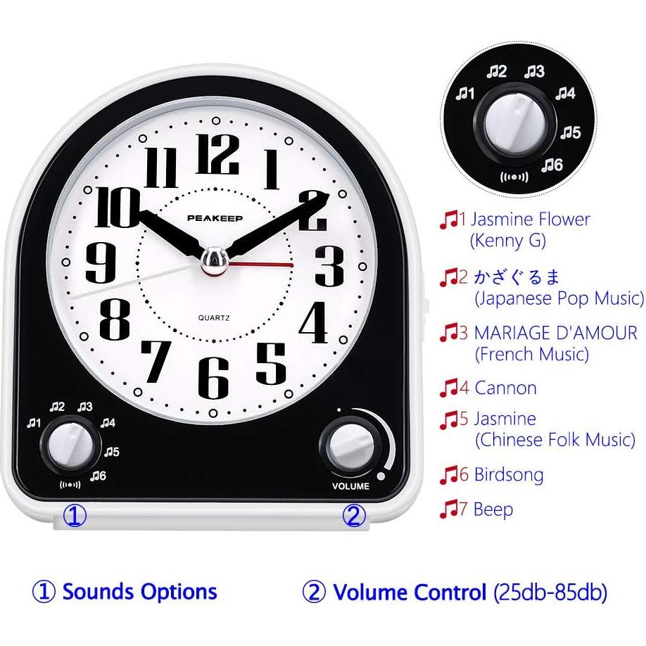 Peakeep Analog Alarm Clock Non-Ticking Silent, Optional 7 Wake-up Sounds with Volume Control, Nightlight and Snooze, AA Battery Operated (Black)