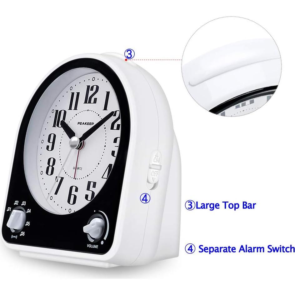 Peakeep Analog Alarm Clock Non-Ticking Silent, Optional 7 Wake-up Sounds with Volume Control, Nightlight and Snooze, AA Battery Operated (Black)