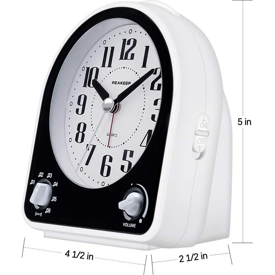 Peakeep Analog Alarm Clock Non-Ticking Silent, Optional 7 Wake-up Sounds with Volume Control, Nightlight and Snooze, AA Battery Operated (Black)