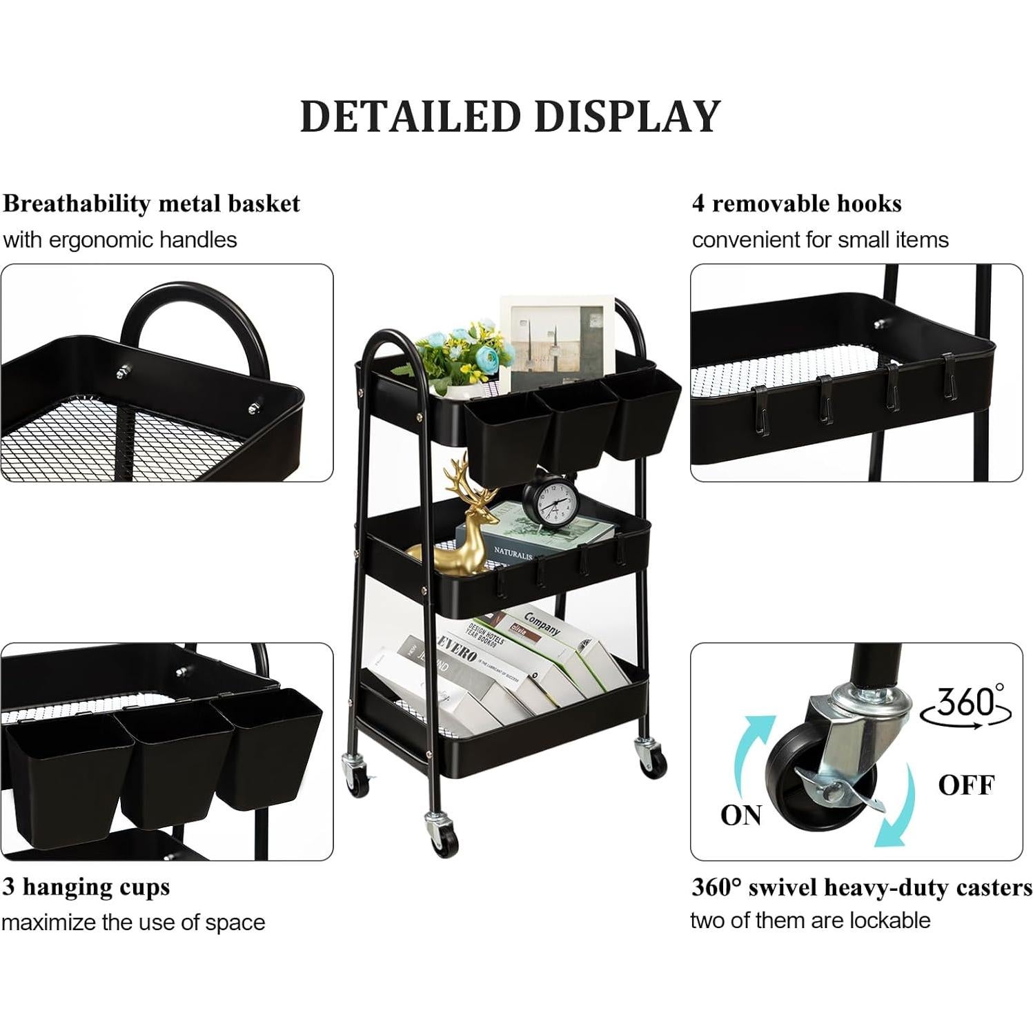 Carro Rodante de 3 Niveles Danpinera - Almacenamiento Metálico Negro