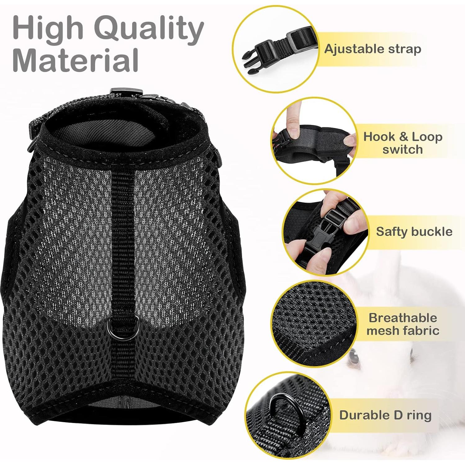 Arnés Ajustable para Conejo PETTOM con Correa Elástica Negro XS