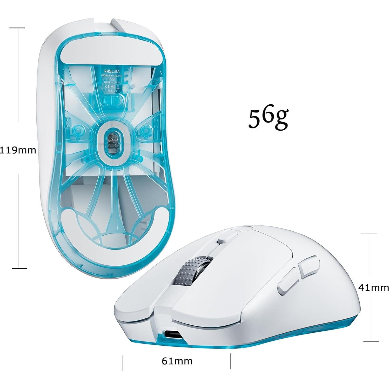 PHYLINA S450 Wireless Gaming Mouse 56g PAW3395 Ultra Lightweight 26000DPI Programmable 1000Hz USB-C Wired PC Mice 6 Buttons for Mac,Laptop,PC