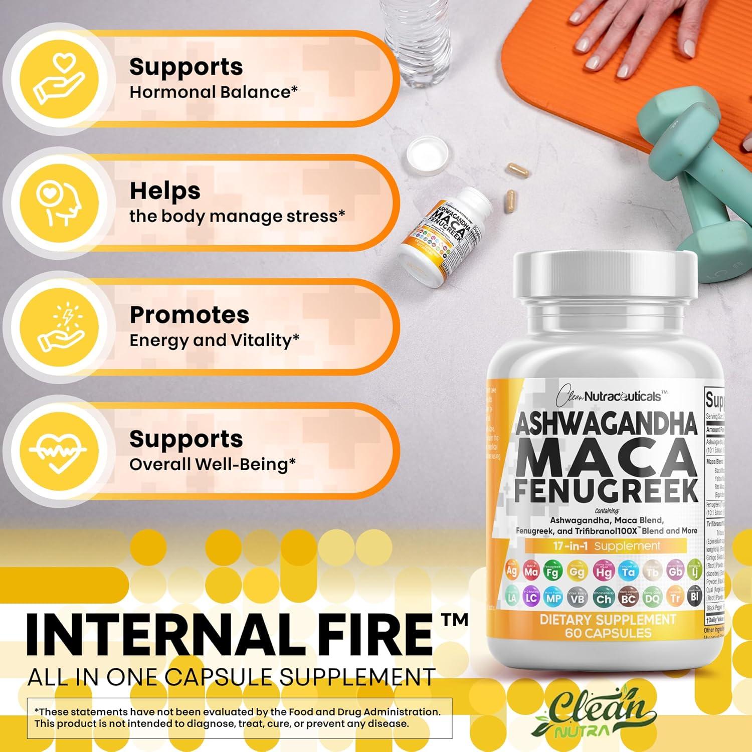 Suplemento de Ashwagandha Clean Nutraceuticals 17 en 1 - 60 Cápsulas
