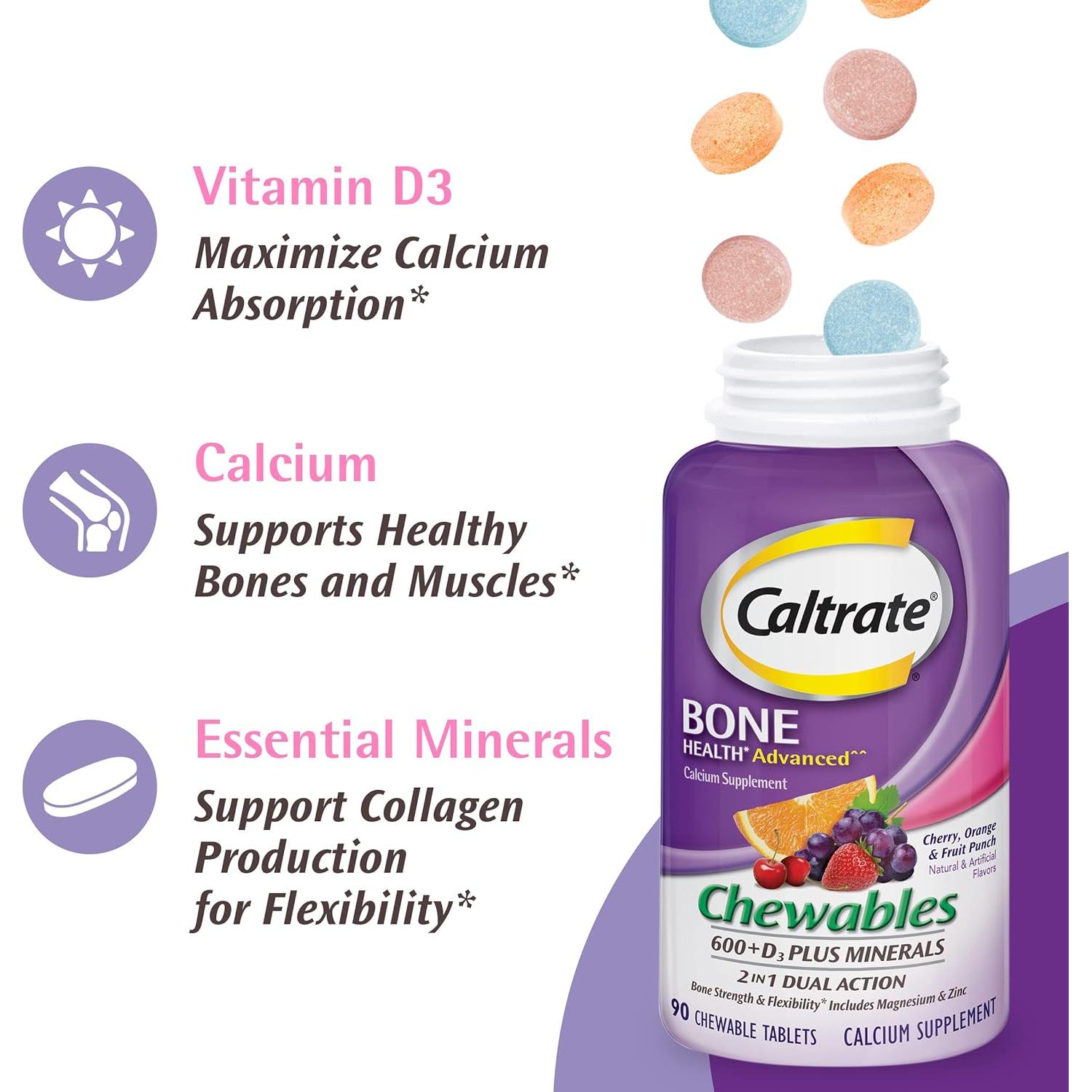 Caltrate Masticables 600 mg + D3 + Minerales - 60 Tabletas