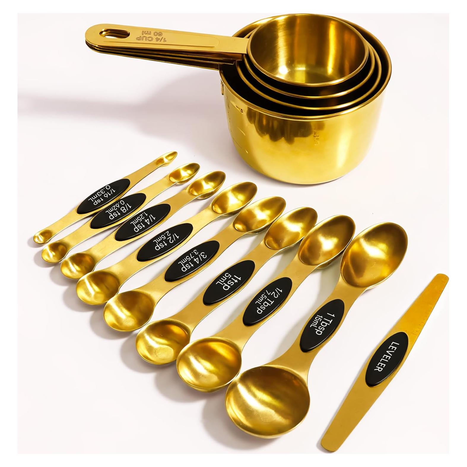 Juego de 13 Tazas y Cucharas Medidoras Acero Inoxidable Dorado