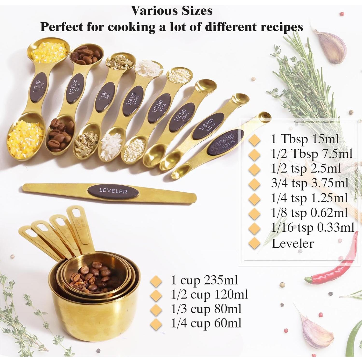 Juego de 13 Tazas y Cucharas Medidoras Acero Inoxidable Dorado