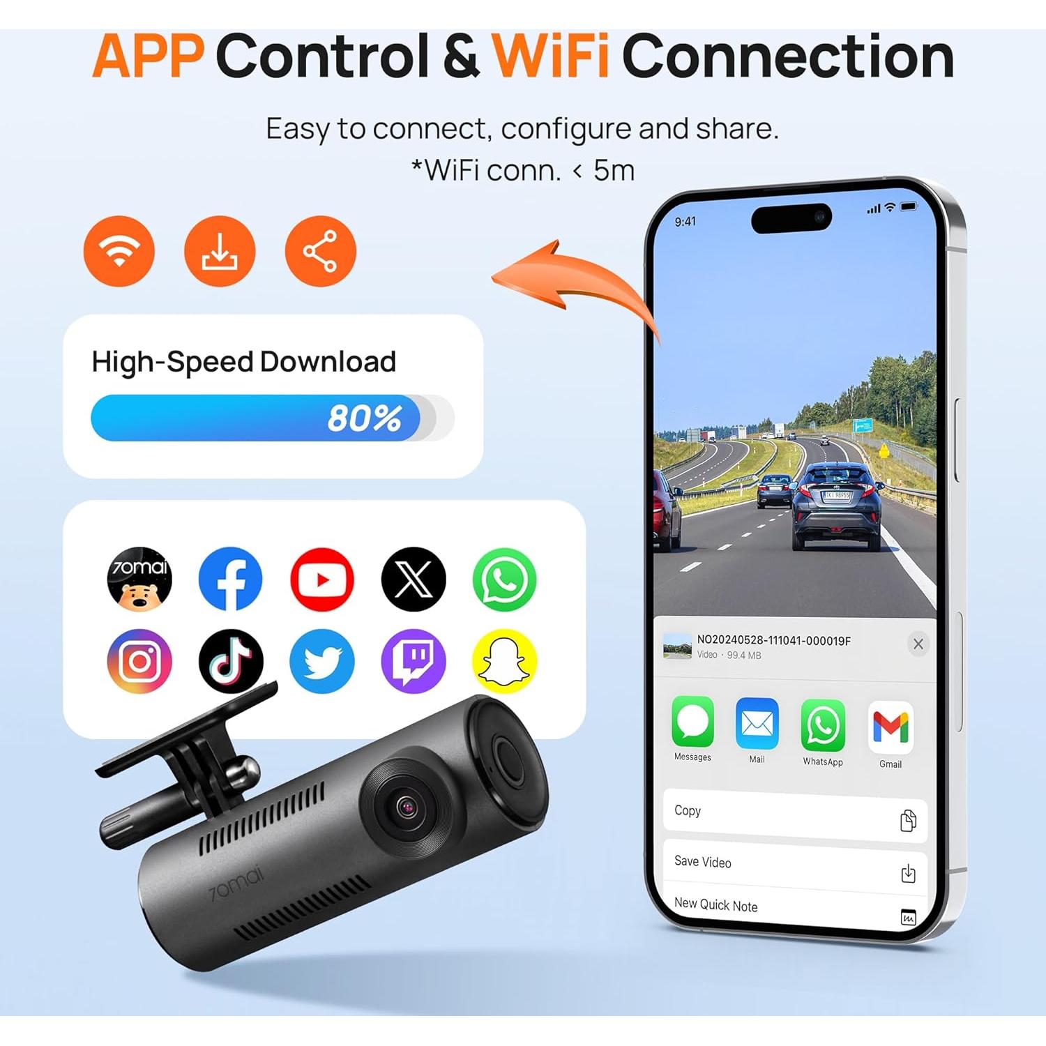 Cámara Dash 70mai M310 1296P QHD con WiFi y WDR