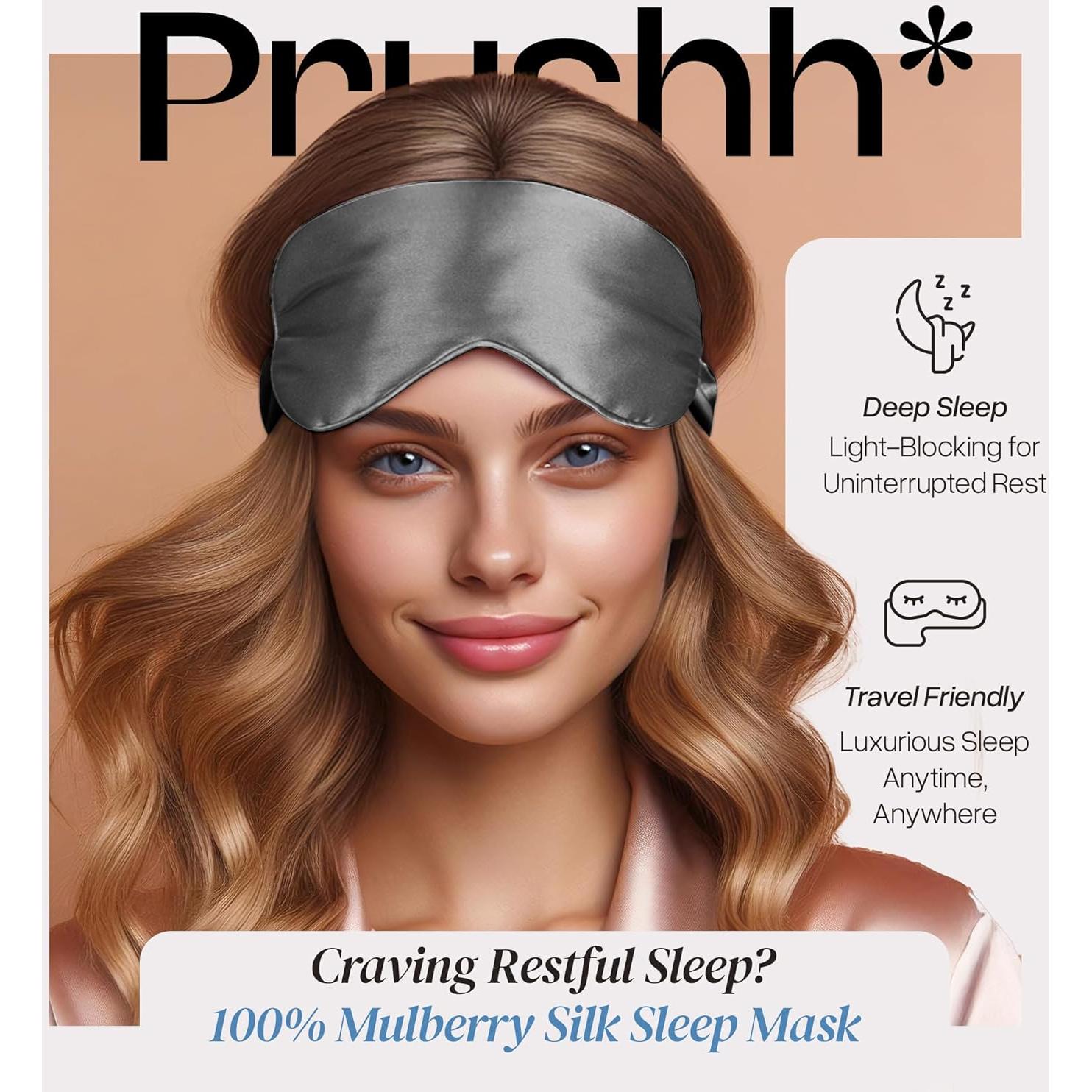 Máscara de Sueño de Seda Prushh - 100% Pura, Ajustable, Gris Carbón