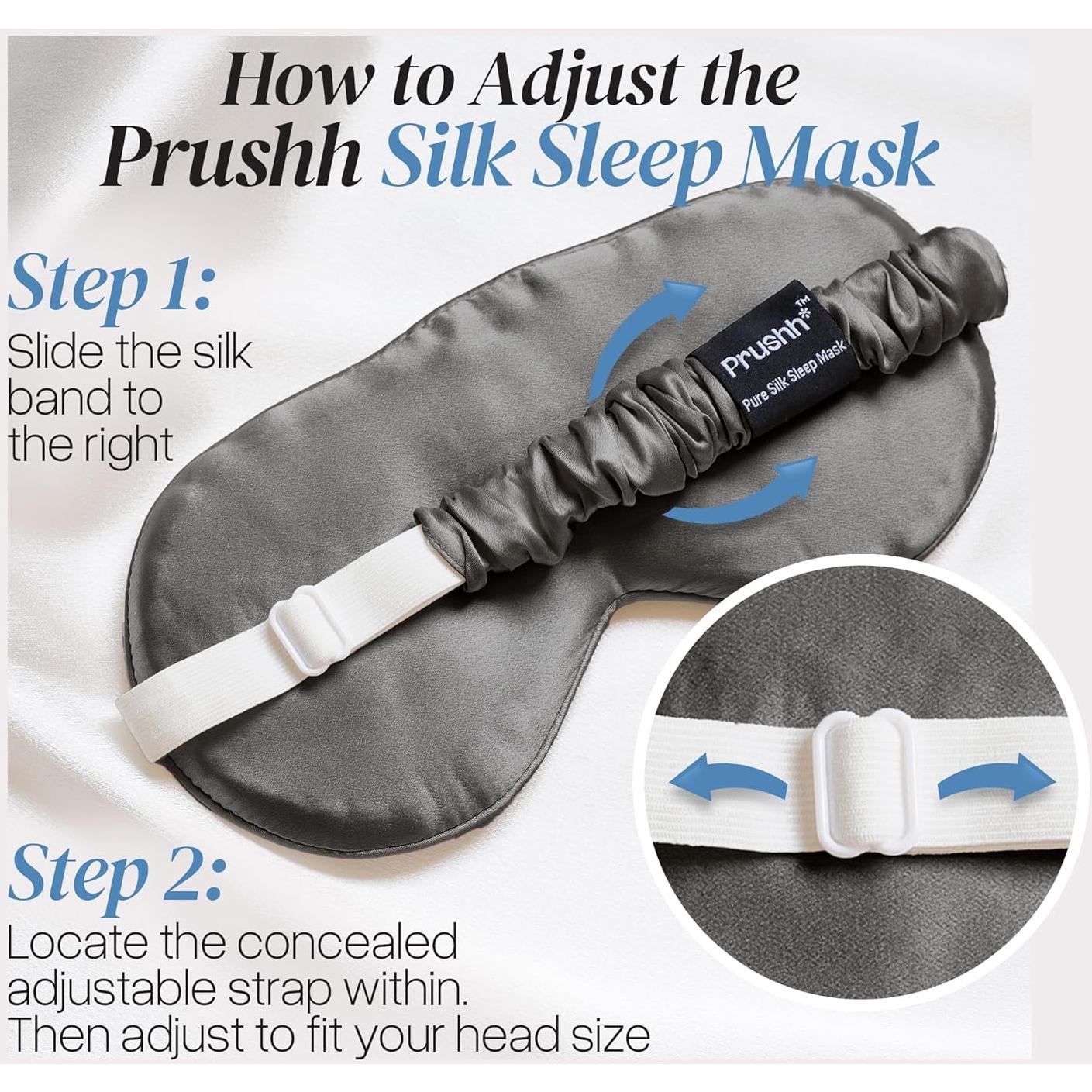Máscara de Sueño de Seda Prushh - 100% Pura, Ajustable, Gris Carbón