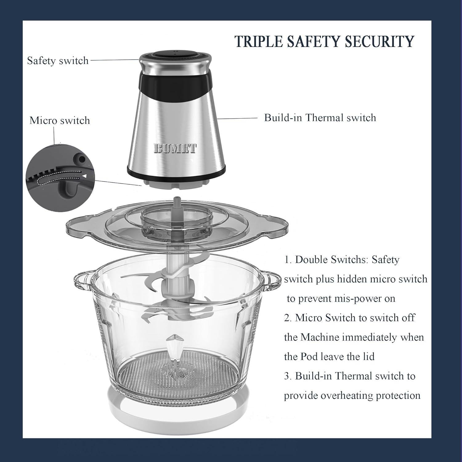 Procesador de Alimentos BUMET 500W 2L 8Tazas Acero Inoxidable