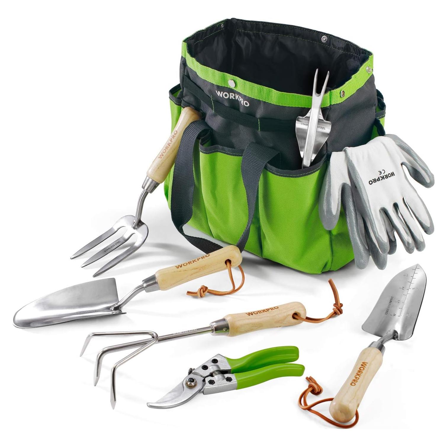WORKPRO Garden Tools Set, 8 Piece, Stainless Steel Heavy Duty Gardening Tools with Wooden Handle, Including Garden Tote, Gloves, Trowel, Hand Weeder, Cultivator and More-Gardening Gifts For Women Men
