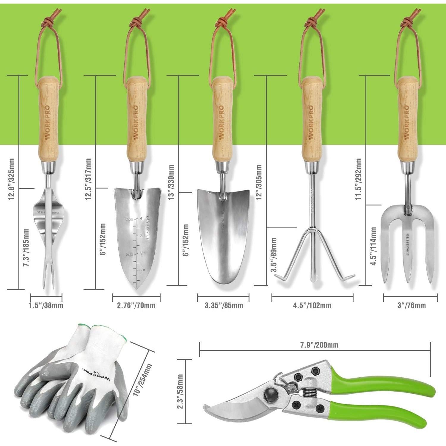 WORKPRO Garden Tools Set, 8 Piece, Stainless Steel Heavy Duty Gardening Tools with Wooden Handle, Including Garden Tote, Gloves, Trowel, Hand Weeder, Cultivator and More-Gardening Gifts For Women Men