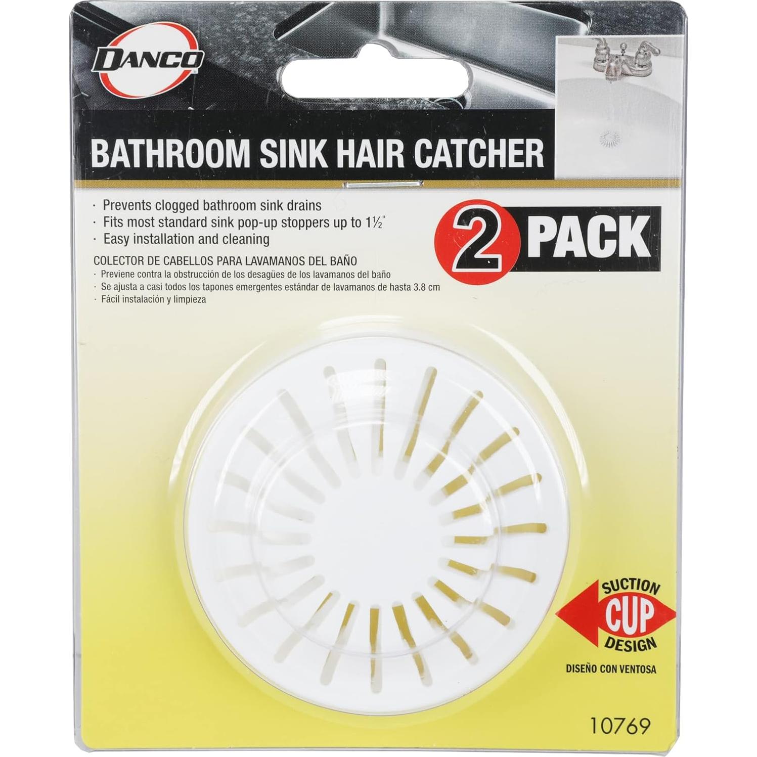 DANCO Universal Bathroom Sink Suction Cup Hair Catcher Strainer and Snare | For Pop-Up Stoppers | White | 2 Pack (10769)