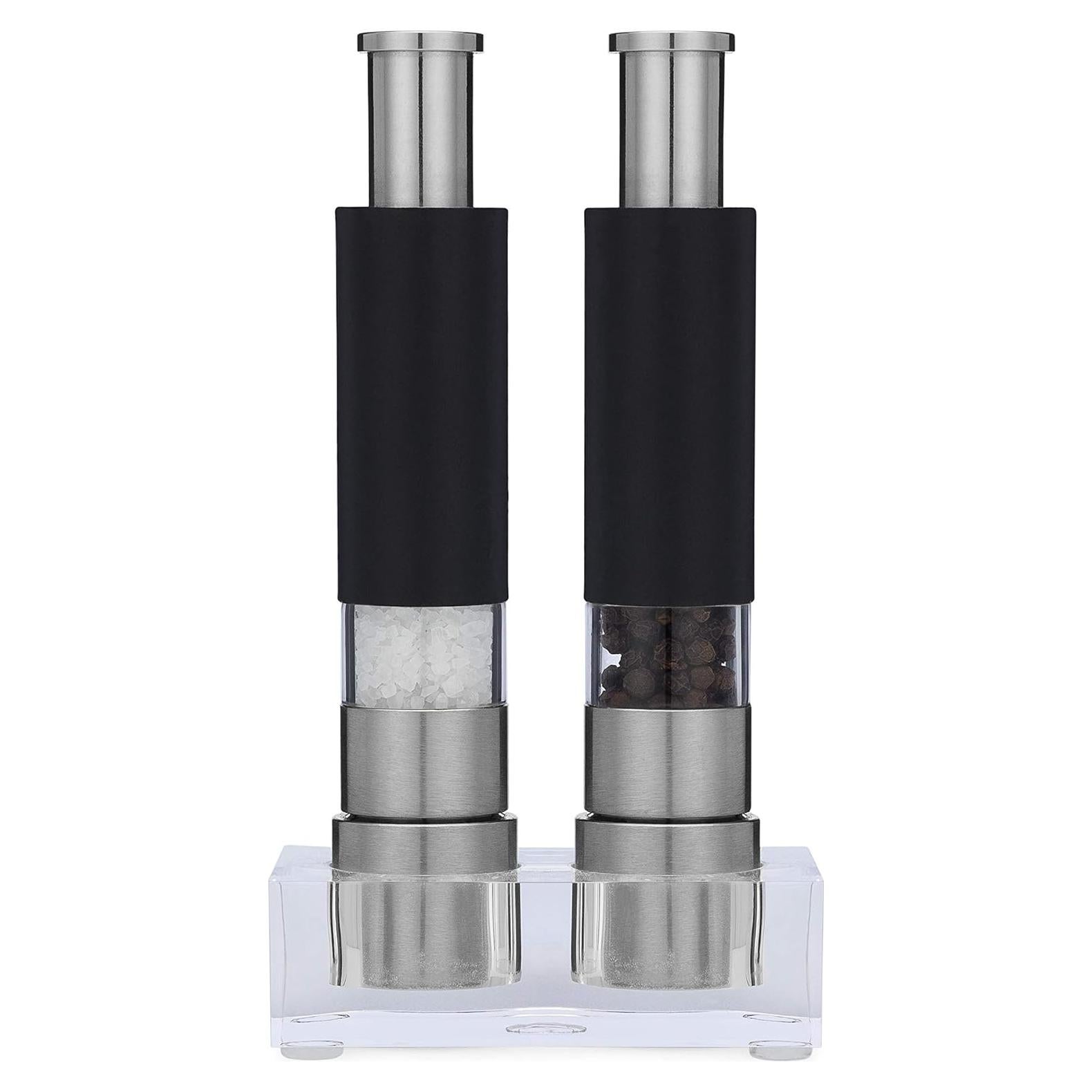 Salt and Pepper Grinder Set of 2 with Modern Thumb Push Button Black Grinder, Stainless Steel, for Black Pepper, Sea Salt and Himalayan Salt, With Stand, Peppermill are Refillable