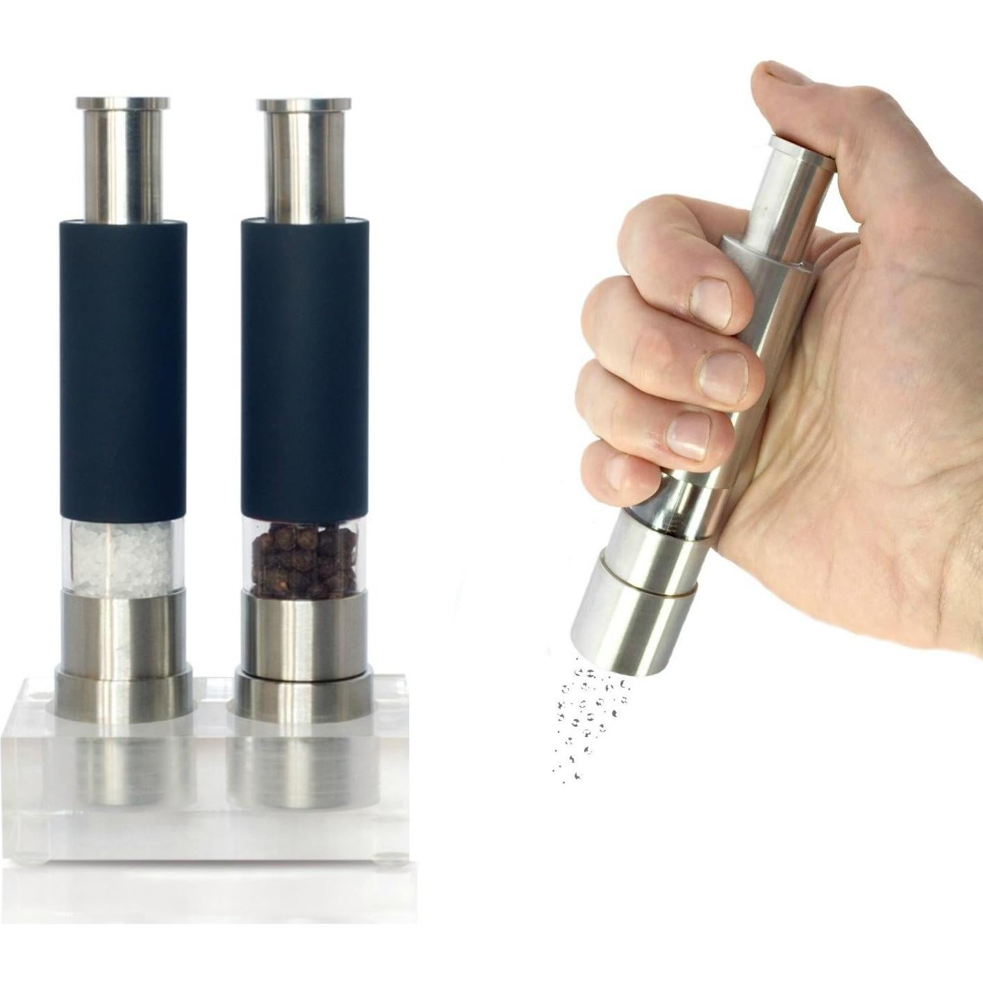 Salt and Pepper Grinder Set of 2 with Modern Thumb Push Button Black Grinder, Stainless Steel, for Black Pepper, Sea Salt and Himalayan Salt, With Stand, Peppermill are Refillable