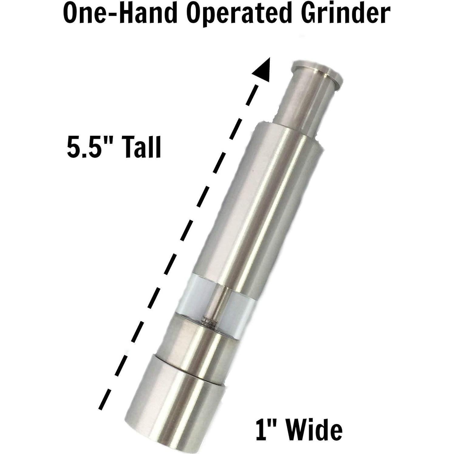 Salt and Pepper Grinder Set of 2 with Modern Thumb Push Button Black Grinder, Stainless Steel, for Black Pepper, Sea Salt and Himalayan Salt, With Stand, Peppermill are Refillable