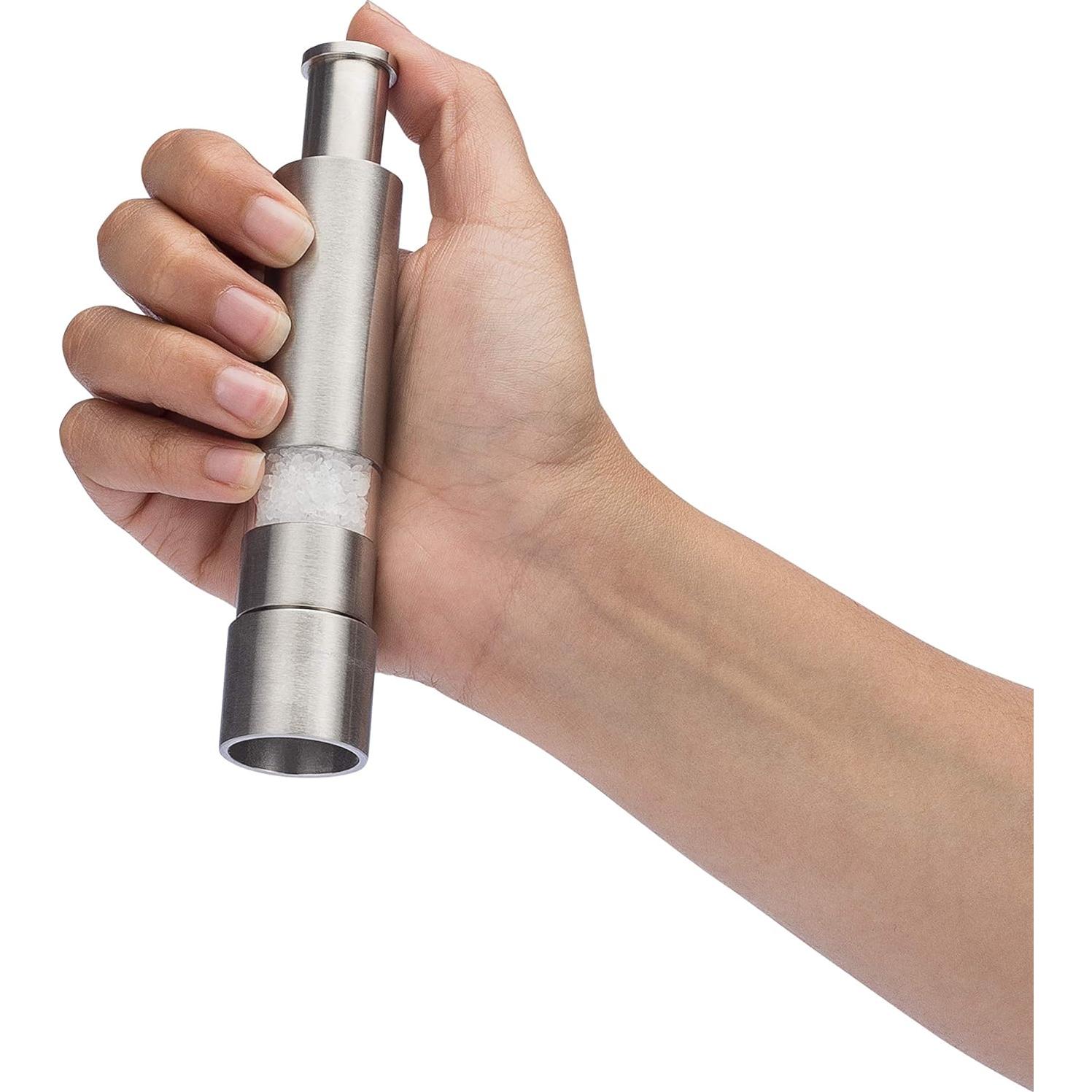 Salt and Pepper Grinder Set of 2 with Modern Thumb Push Button Black Grinder, Stainless Steel, for Black Pepper, Sea Salt and Himalayan Salt, With Stand, Peppermill are Refillable