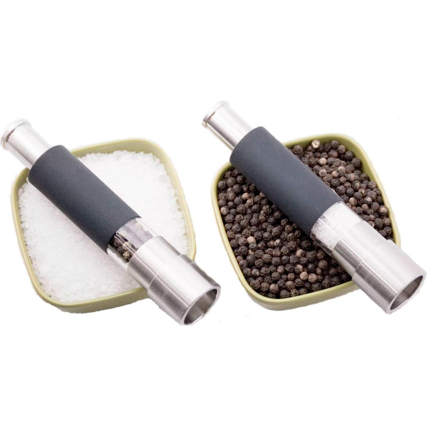 Salt and Pepper Grinder Set of 2 with Modern Thumb Push Button Black Grinder, Stainless Steel, for Black Pepper, Sea Salt and Himalayan Salt, With Stand, Peppermill are Refillable