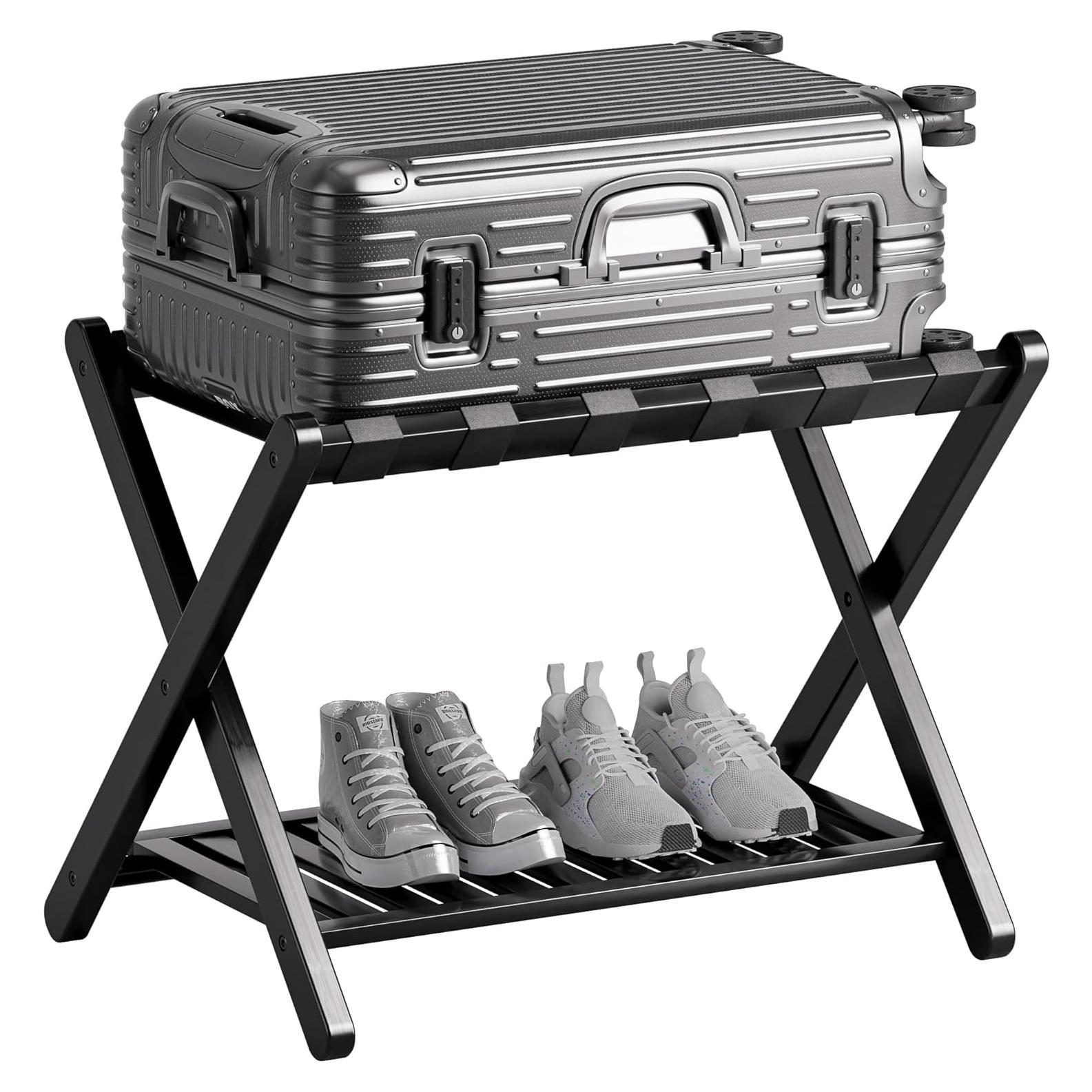 Soporte para Equipaje Plegable SMIBUY de Bambú 2 Niveles Negro