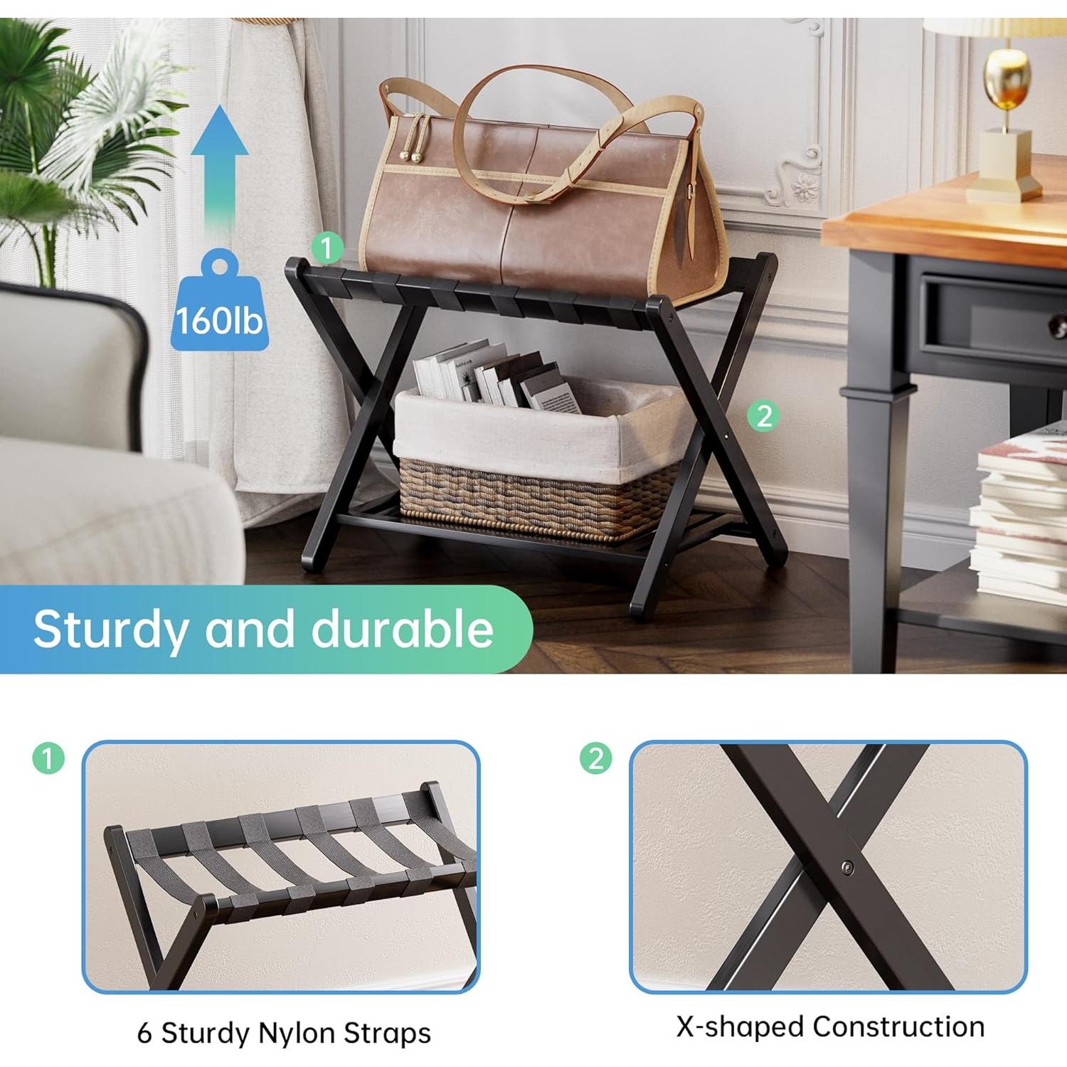 Soporte para Equipaje Plegable SMIBUY de Bambú 2 Niveles Negro