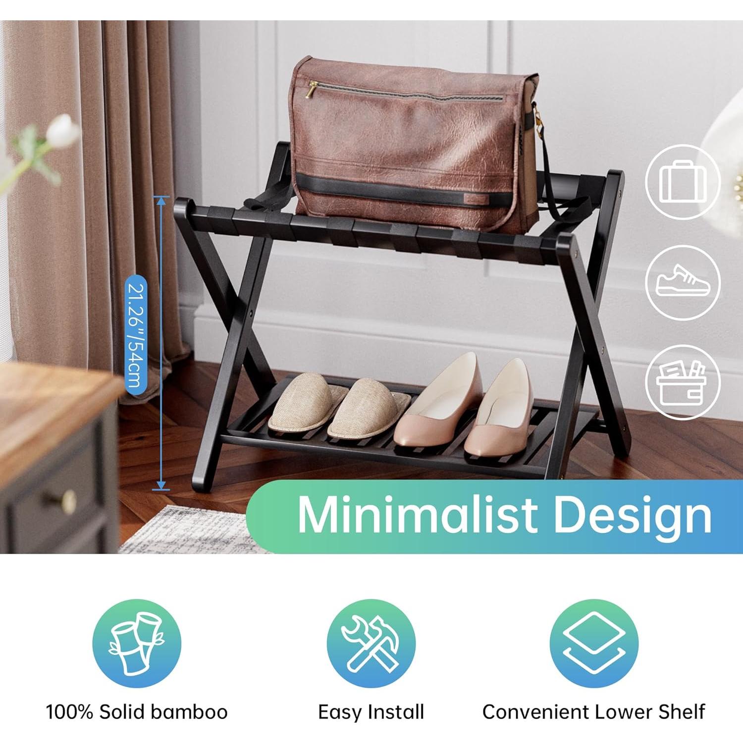 Soporte para Equipaje Plegable SMIBUY de Bambú 2 Niveles Negro