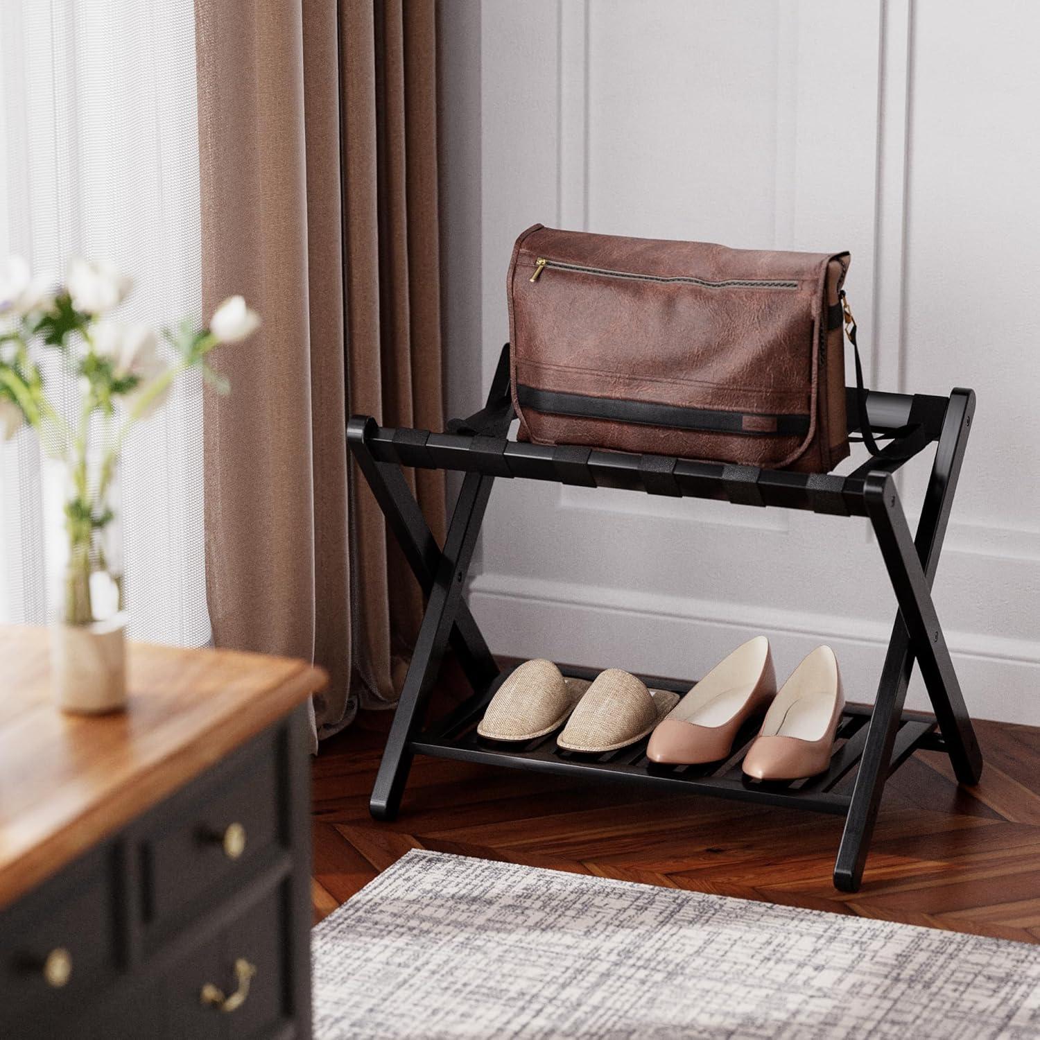 Soporte para Equipaje Plegable SMIBUY de Bambú 2 Niveles Negro