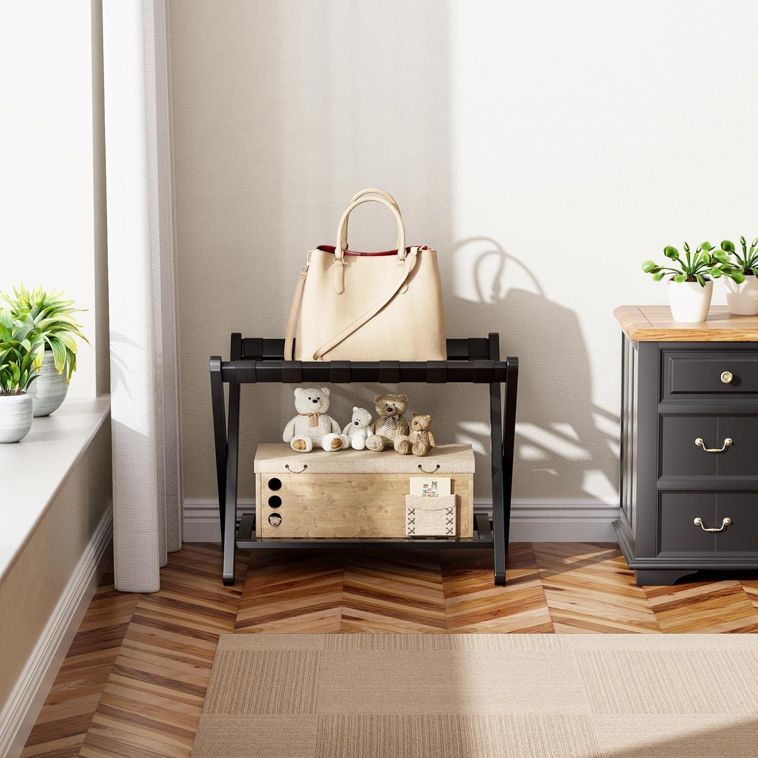 Soporte para Equipaje Plegable SMIBUY de Bambú 2 Niveles Negro