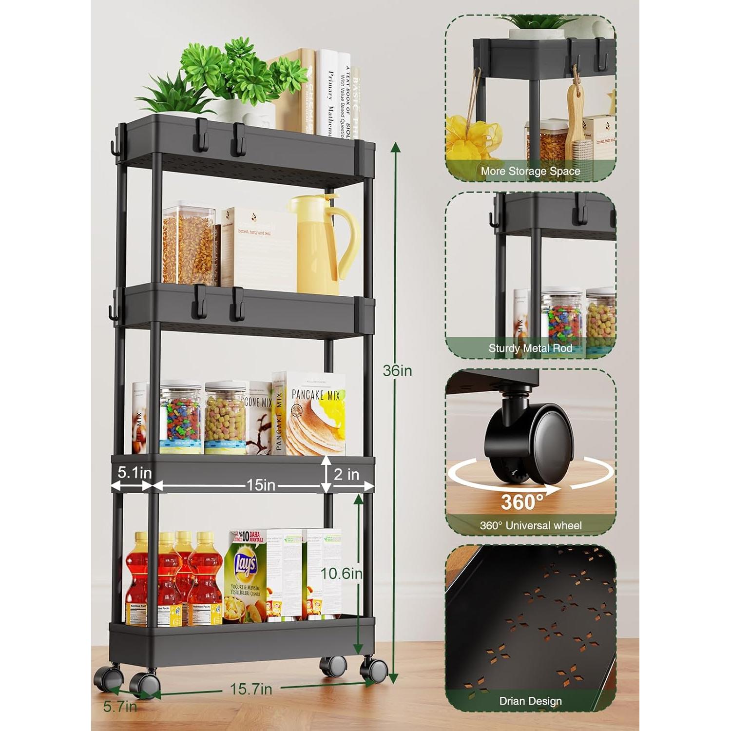 Carrito de Almacenamiento Rodante LEHOM 4 Niveles Negro 13 cm