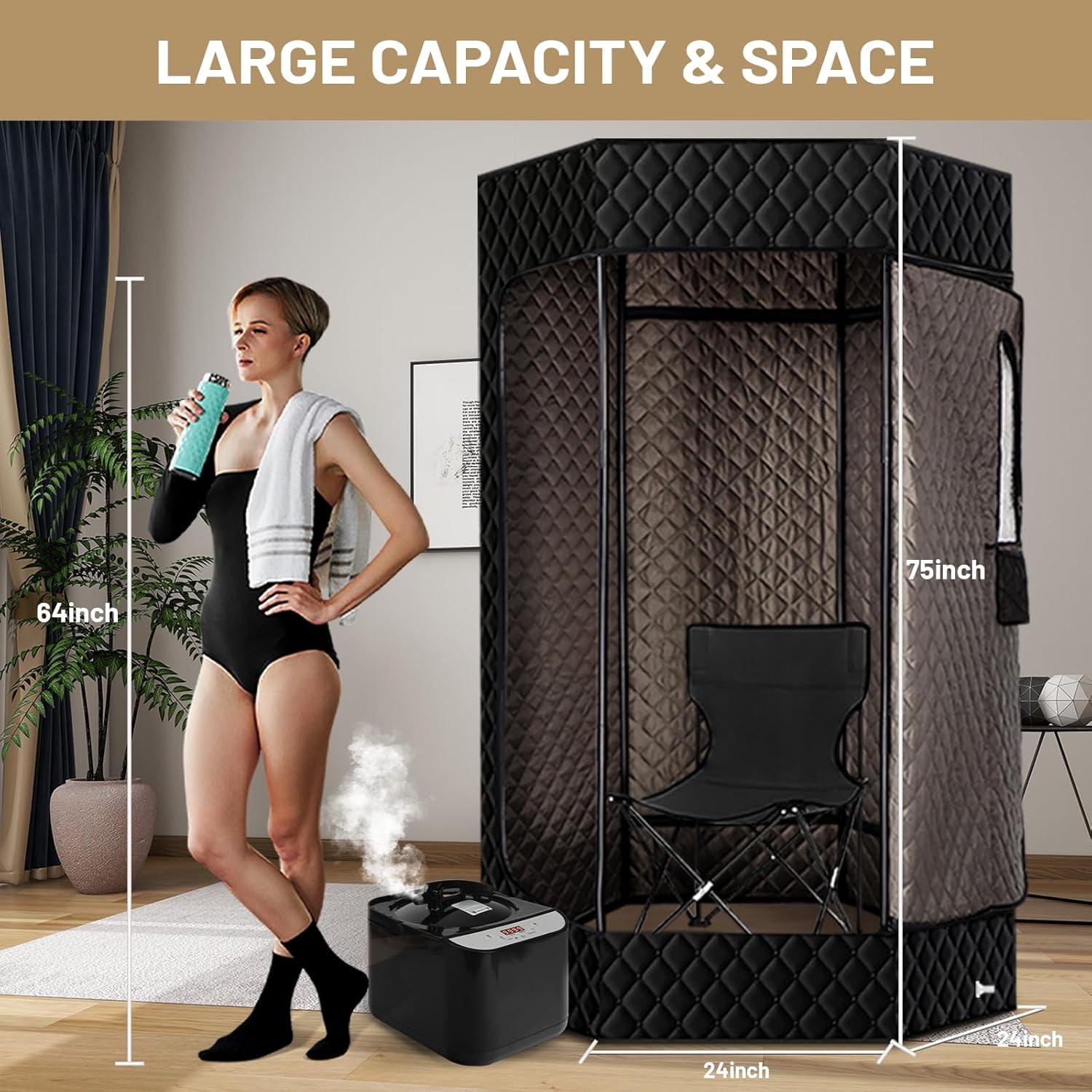 Red Light Sauna Box for Relaxation,Detoxification,Portable Steam Sauna for Home with 3L Steamer,9 Levels, 73”x 36”x36”，Larger Folding Chair, Gym-Black，