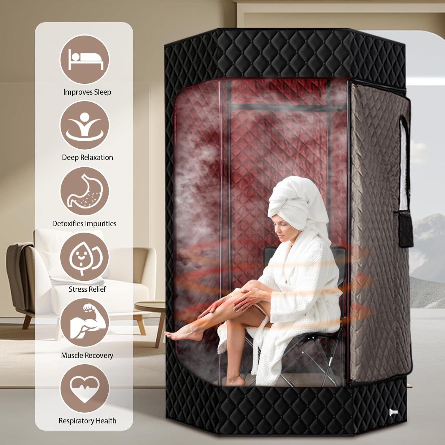 Red Light Sauna Box for Relaxation,Detoxification,Portable Steam Sauna for Home with 3L Steamer,9 Levels, 73”x 36”x36”，Larger Folding Chair, Gym-Black，