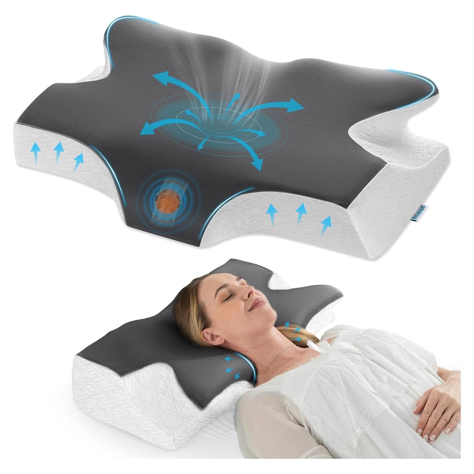 Elviros Cervical Neck Pillow for Sleeping, Memory Foam Pillow for Neck Pain Relief, Side Sleeper Cooling Pillows for Adults, Neck Support with Removable Pillowcase for Back & Stomach Sleepers