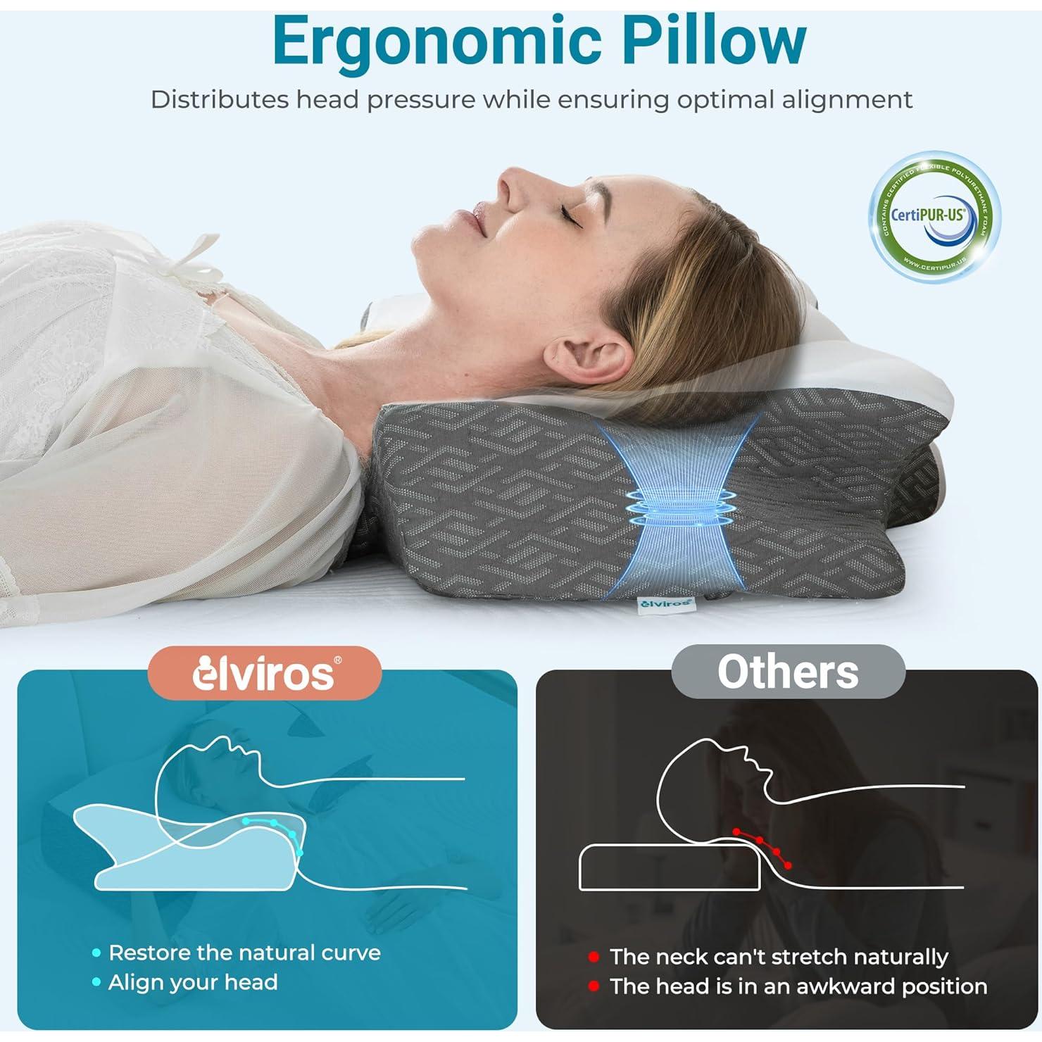 Elviros Cervical Neck Pillow for Sleeping, Memory Foam Pillow for Neck Pain Relief, Side Sleeper Cooling Pillows for Adults, Neck Support with Removable Pillowcase for Back & Stomach Sleepers