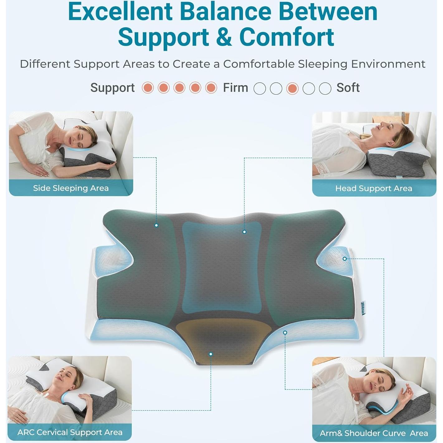 Elviros Cervical Neck Pillow for Sleeping, Memory Foam Pillow for Neck Pain Relief, Side Sleeper Cooling Pillows for Adults, Neck Support with Removable Pillowcase for Back & Stomach Sleepers