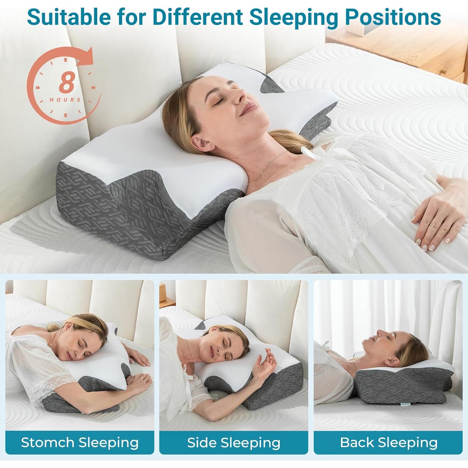 Elviros Cervical Neck Pillow for Sleeping, Memory Foam Pillow for Neck Pain Relief, Side Sleeper Cooling Pillows for Adults, Neck Support with Removable Pillowcase for Back & Stomach Sleepers