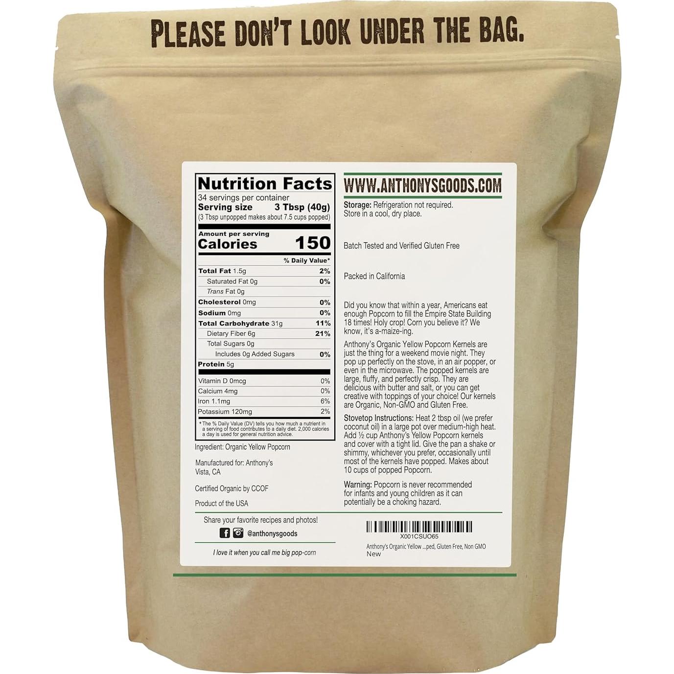 Granos de Maíz para Palomitas Amarillas Orgánicas Anthony 1.36 kg