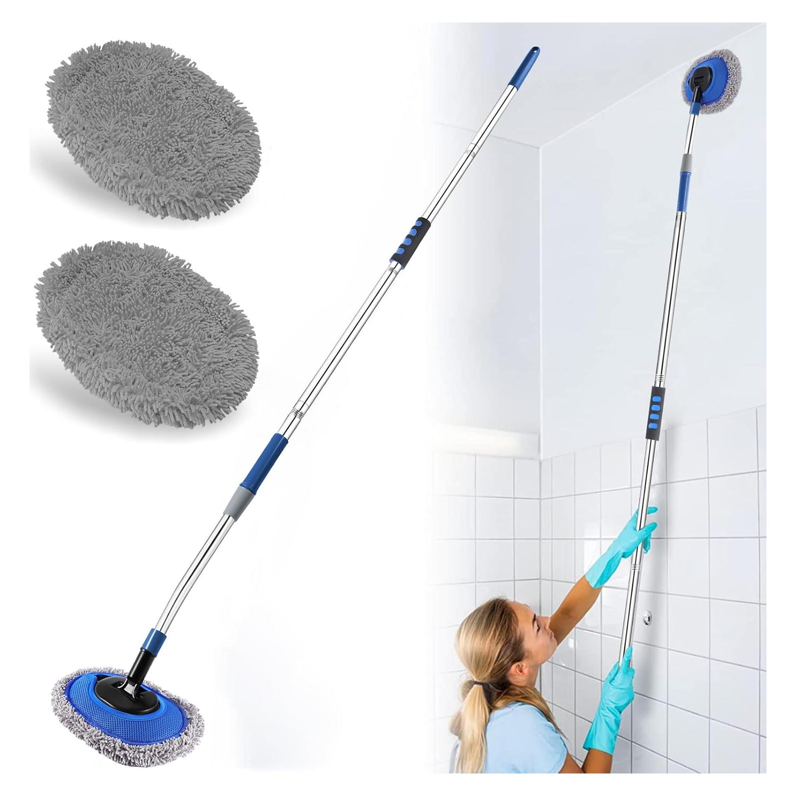 Wall Cleaner, Max 66'' Wall Mop with Long Handle, Ceiling Dust Mop with 15° Labor-Saving Elbow Extension Pole, Baseboard Duster Washer Scrubber, High Reach Window Cleaning Brush, Roof Cleaning Tool-GY