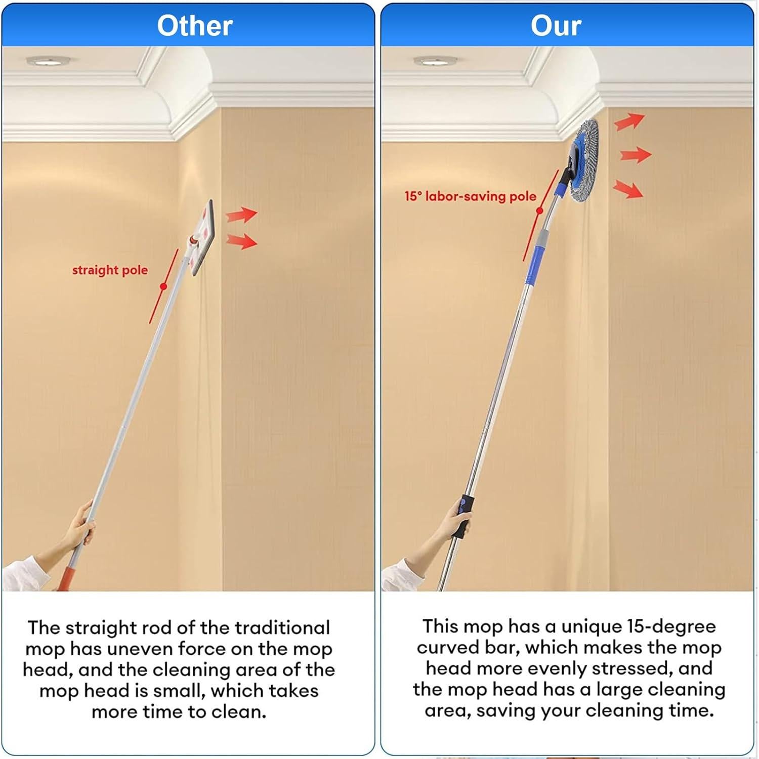Wall Cleaner, Max 66'' Wall Mop with Long Handle, Ceiling Dust Mop with 15° Labor-Saving Elbow Extension Pole, Baseboard Duster Washer Scrubber, High Reach Window Cleaning Brush, Roof Cleaning Tool-GY