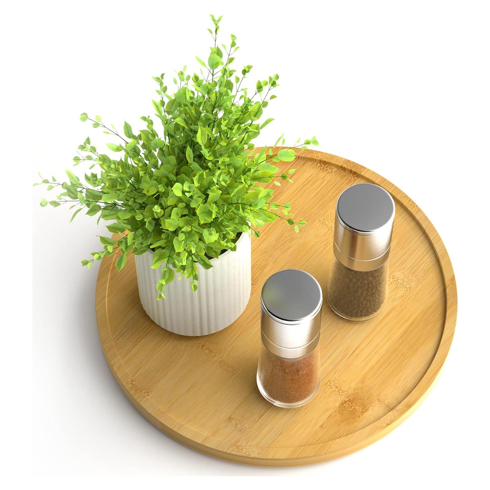 Lazy Susan Organizer Homerays 9 Inch Non-Skid Bamboo Lazy Susan for Kitchen Rotating Spice Rack for Kitchen Cabinet, Wood Turntable for Kitchen Countertop Organizer