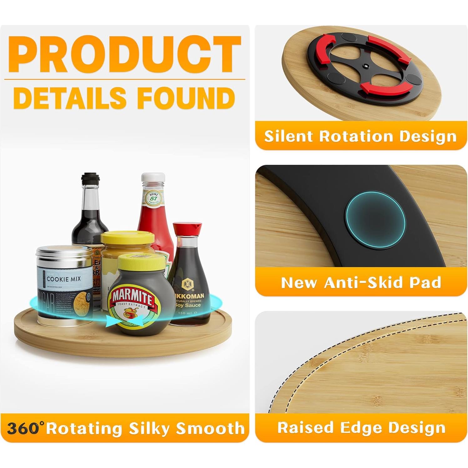 Lazy Susan Organizer Homerays 9 Inch Non-Skid Bamboo Lazy Susan for Kitchen Rotating Spice Rack for Kitchen Cabinet, Wood Turntable for Kitchen Countertop Organizer