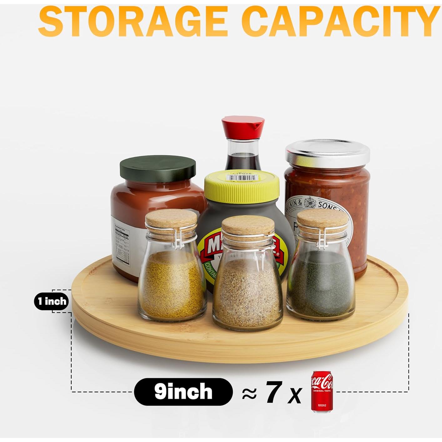 Lazy Susan Organizer Homerays 9 Inch Non-Skid Bamboo Lazy Susan for Kitchen Rotating Spice Rack for Kitchen Cabinet, Wood Turntable for Kitchen Countertop Organizer