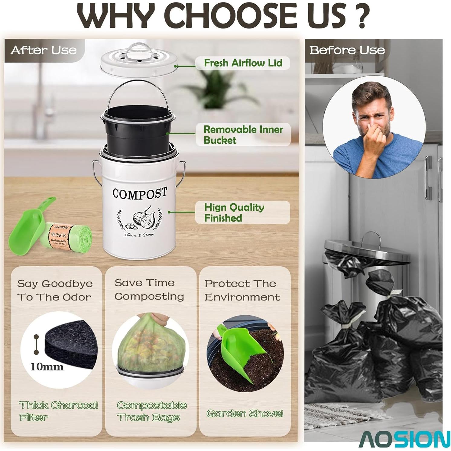 Cubo de Compostaje AOSION Blanco 3.78L con Filtros y Bolsas