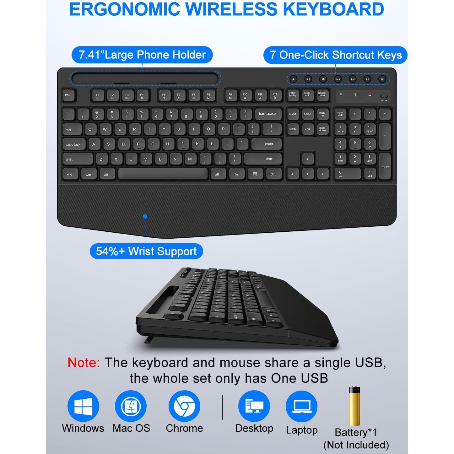 Combo Teclado y Ratón Inalámbrico EDJO MK525 Ergonómico Negro