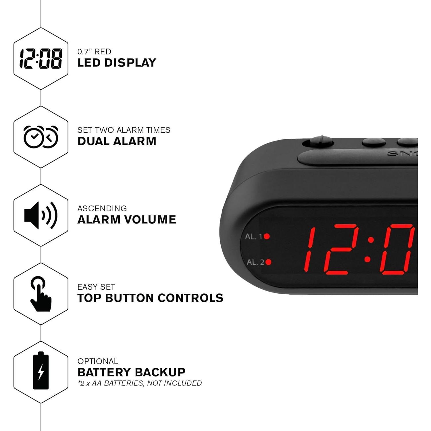 Reloj Despertador Digital Sharp - Negro LED Rojo - Alarma Doble