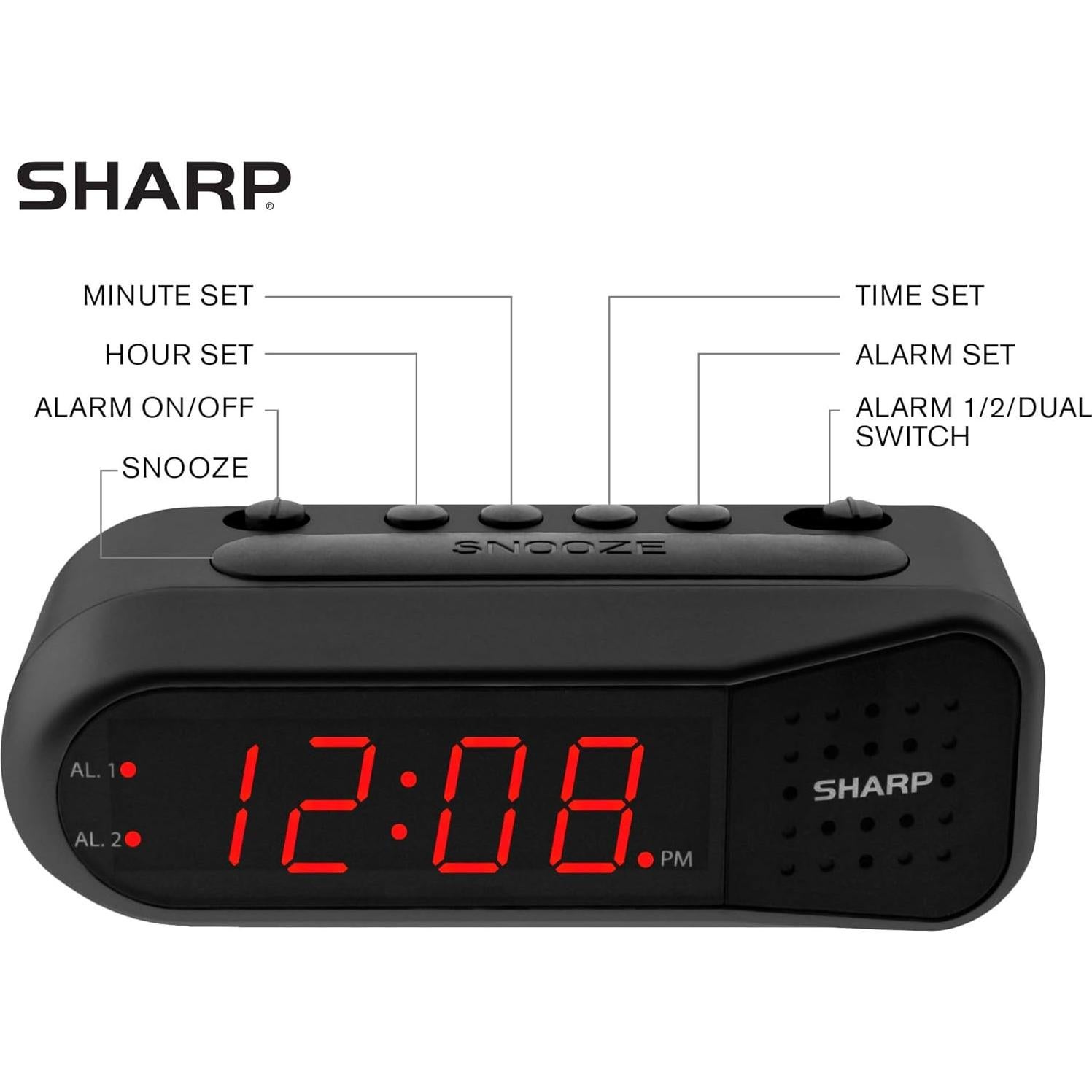 Reloj Despertador Digital Sharp - Negro LED Rojo - Alarma Doble