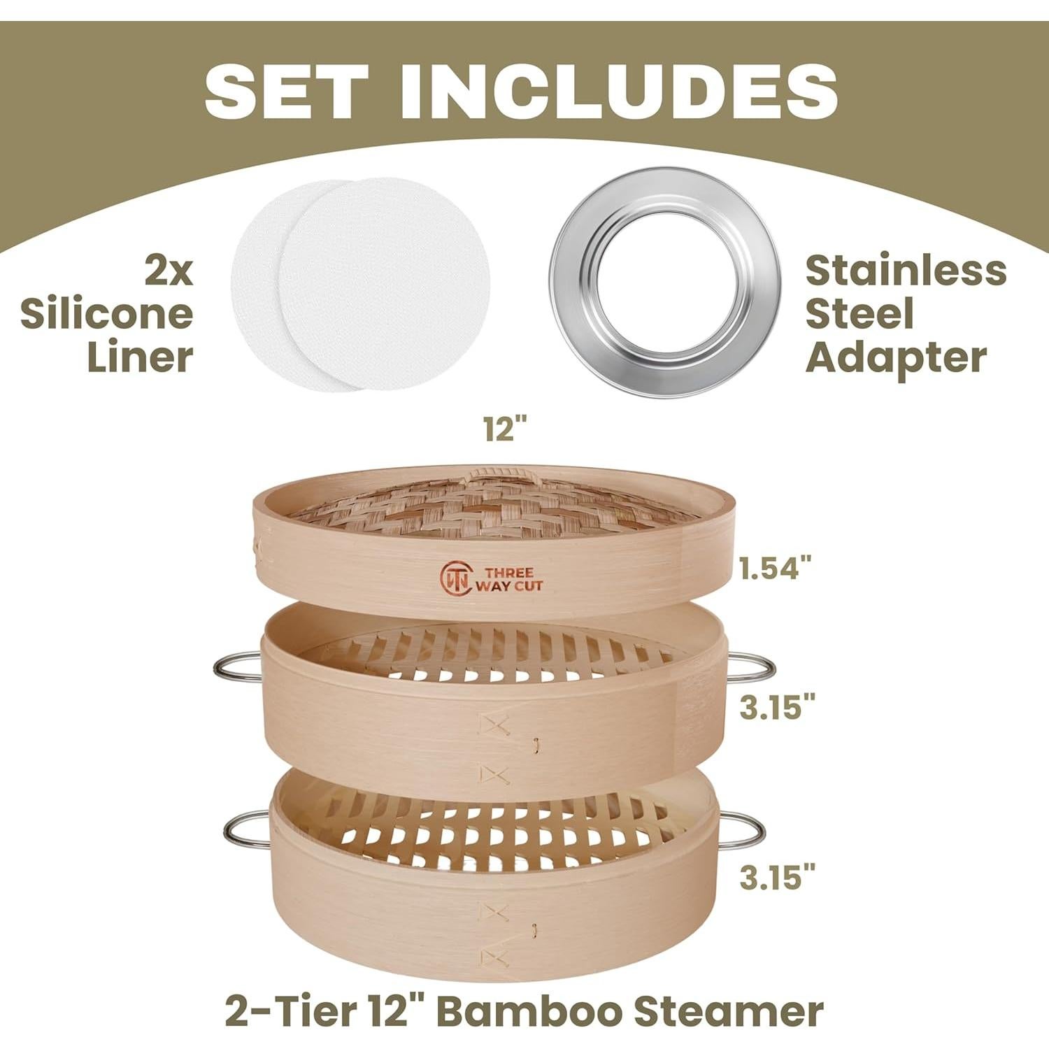 Vaporera de Bambú 2 Niveles 30.5 cm Three Way Cut